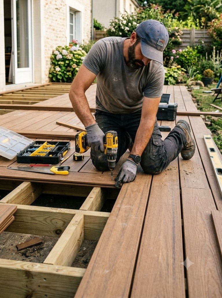 Homme faisant des travaux sur sa terrasse