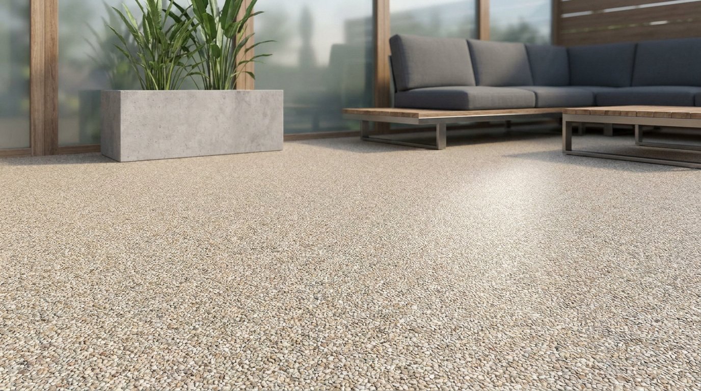 Terrasse aménagée avec un sol en moquette de pierre beige, un canapé gris et une plante dans un bac en béton.